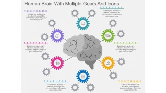 Human Brain With Multiple Gears And Icons Powerpoint Template