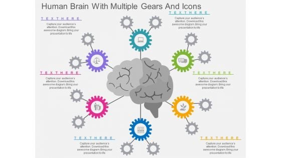 Human Brain With Multiple Gears And Icons Powerpoint Template