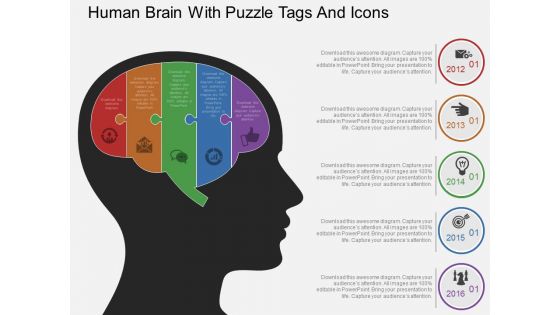 Human Brain With Puzzle Tags And Icons Powerpoint Template