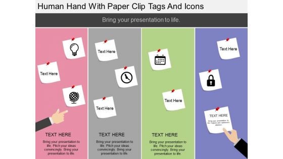 Human Hand With Paper Clip Tags And Icons Powerpoint Template