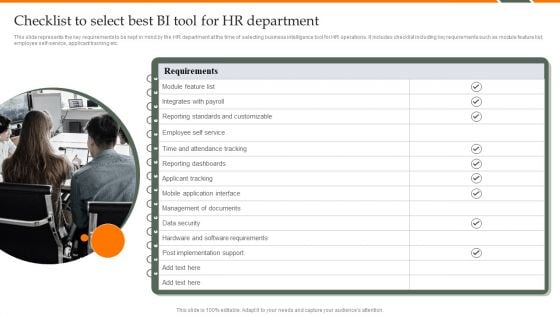 Human Resource Analytics Checklist To Select Best BI Tool For HR Department Formats PDF