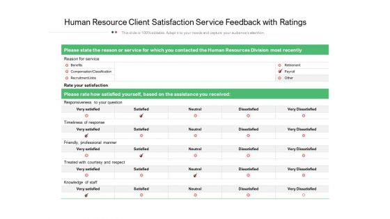 Human Resource Client Satisfaction Service Feedback With Ratings Ppt PowerPoint Presentation Infographics Example File PDF Human Resource Client Satisfaction Service Feedback With Ratings Ppt PowerPoint Presentation Infographics Example File PDF