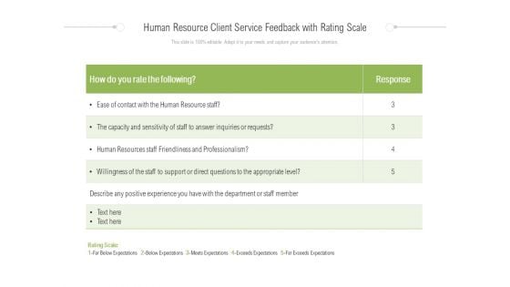 Human Resource Client Service Feedback With Rating Scale Ppt PowerPoint Presentation Visual Aids Gallery PDF