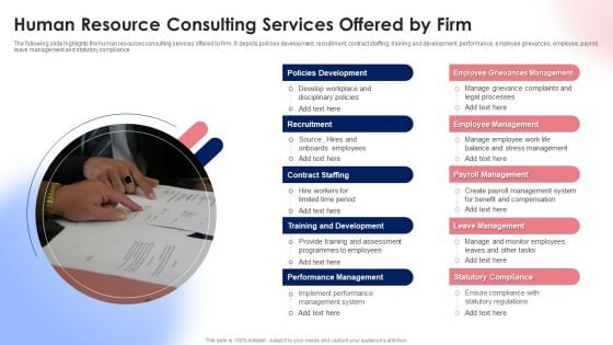 Human Resource Consulting Services Offered By Firm Ppt Portfolio Design Inspiration PDF