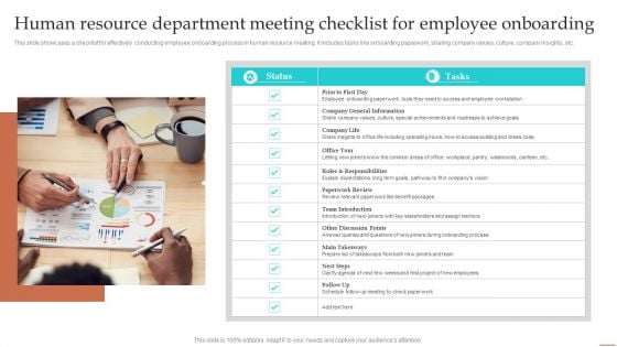 Human Resource Department Meeting Checklist For Employee Onboarding Ppt Show Brochure PDF