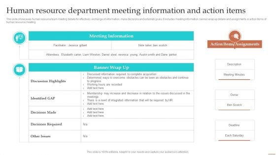 Human Resource Department Meeting Information And Action Items Ppt Gallery Grid PDF Human Resource Department Meeting Information And Action Items Ppt Gallery Grid PDF
