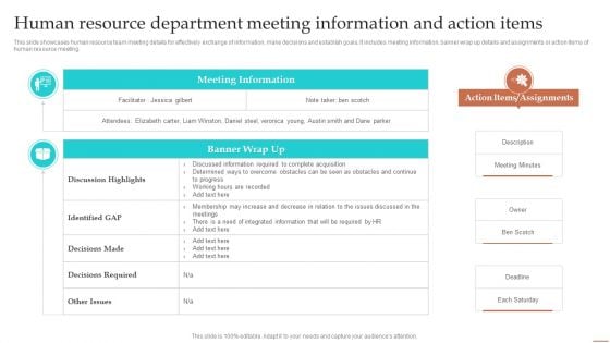 Human Resource Department Meeting Information And Action Items Ppt Gallery Grid PDF