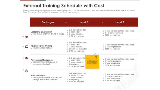 Human Resource Management External Training Schedule With Cost Ppt Professional Shapes PDF