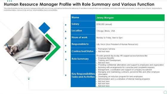 Human Resource Manager Profile With Role Summary And Various Function Sample PDF