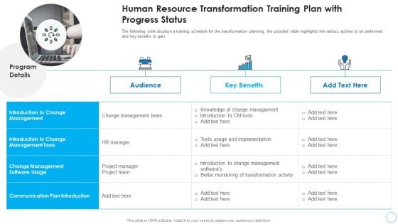 Human Resource Transformation Training Plan With Progress HR Change Management Tools Formats PDF