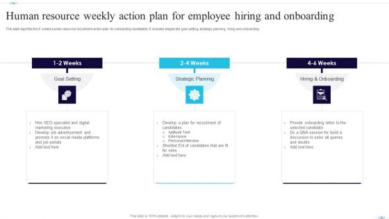 Human Resource Weekly Action Plan For Employee Hiring And Onboarding Background PDF
