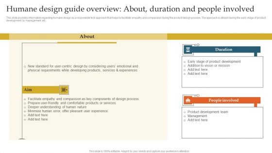 Humane Design Guide Overview About Duration And People Involved Ppt Infographic Template Show PDF Humane Design Guide Overview About Duration And People Involved Ppt Infographic Template Show PDF