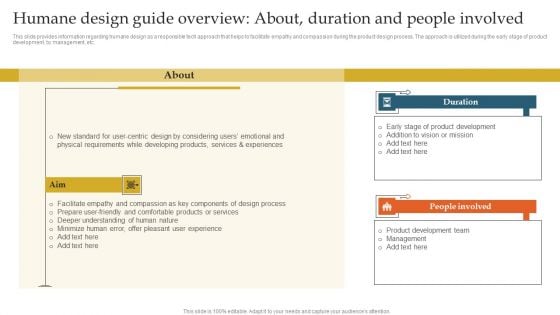 Humane Design Guide Overview About Duration And People Involved Ppt Infographic Template Show PDF