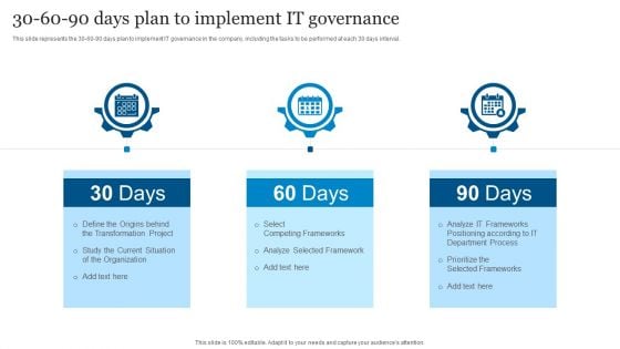 ICT Governance 30 60 90 Days Plan To Implement IT Governance Ppt Outline Model PDF