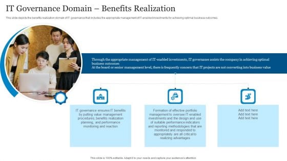 ICT Governance IT Governance Domain Benefits Realization Ppt Layouts Example PDF ICT Governance IT Governance Domain Benefits Realization Ppt Layouts Example PDF
