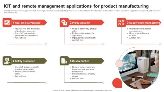IOT And Remote Management Applications For Product Manufacturing Infographics PDF IOT And Remote Management Applications For Product Manufacturing Infographics PDF