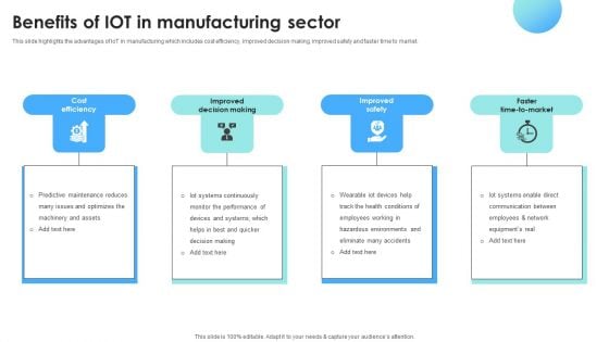 IOT Use Cases For Manufacturing Benefits Of IOT In Manufacturing Sector Background PDF