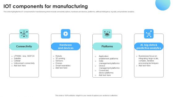 IOT Use Cases For Manufacturing IOT Components For Manufacturing Brochure PDF