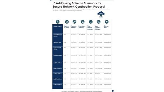 IP Addressing Scheme Summary For Secure Network Construction Proposal One Pager Sample Example Document