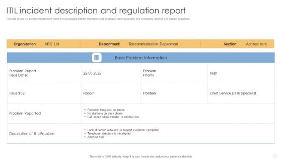 ITIL Incident Description And Regulation Report Infographics PDF