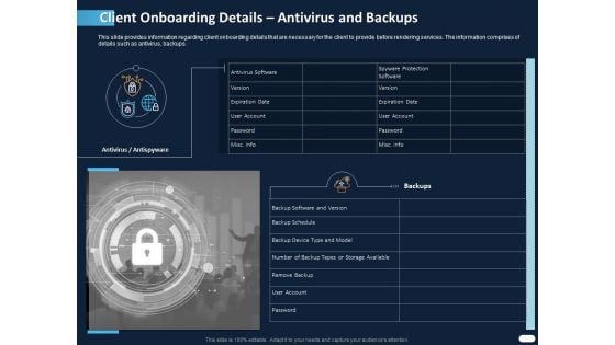 ITIL Strategy Service Excellence Client Onboarding Details Antivirus And Backups Ppt PowerPoint Presentation Infographic Template Picture PDF ITIL Strategy Service Excellence Client Onboarding Details Antivirus And Backups Ppt PowerPoint Presentation Infographic Template Picture PDF