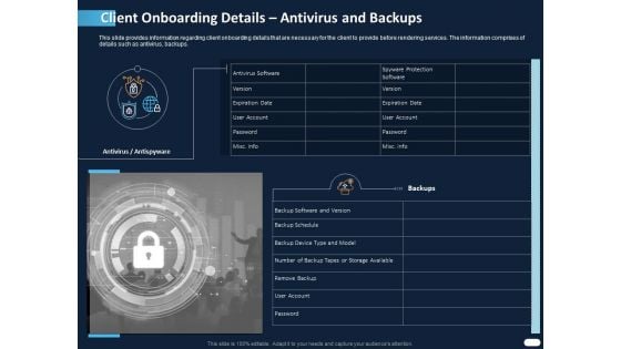 ITIL Strategy Service Excellence Client Onboarding Details Antivirus And Backups Ppt PowerPoint Presentation Infographic Template Picture PDF