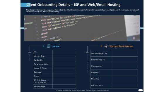 ITIL Strategy Service Excellence Client Onboarding Details Isp And Web Email Hosting Ppt PowerPoint Presentation Pictures File Formats PDF