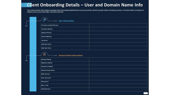 ITIL Strategy Service Excellence Client Onboarding Details User And Domain Name Info Ppt PowerPoint Presentation Summary Diagrams PDF