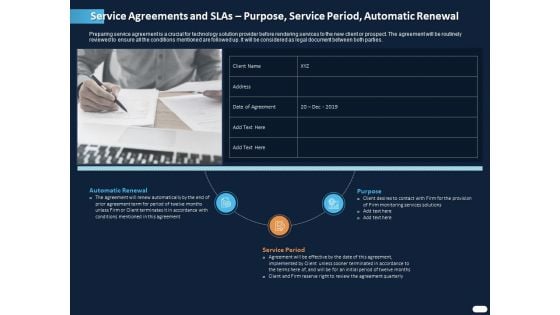 ITIL Strategy Service Excellence Service Agreements And Slas Purpose Service Period Automatic Renewal Ppt PowerPoint Presentation Show Summary PDF