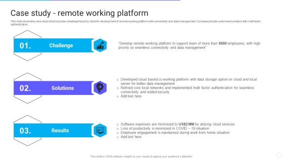 IT Application Services Company Outline Case Study Remote Working Platform Icons PDF