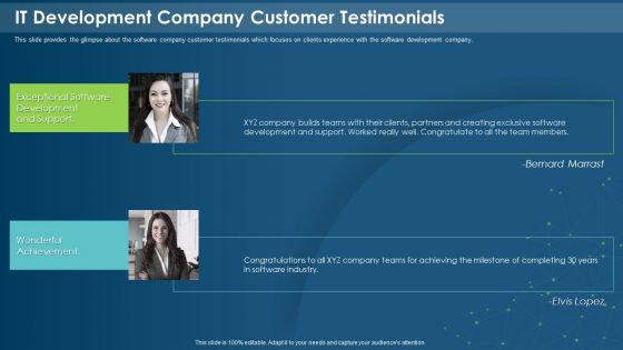IT Development Company Pitch Deck IT Development Company Customer Testimonials Information PDF