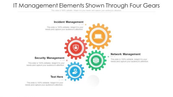 IT Management Elements Shown Through Four Gears Ppt PowerPoint Presentation Gallery Clipart Images PDF