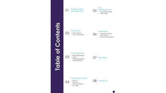 IT Outsourcing Services Table Of Contents One Pager Sample Example Document