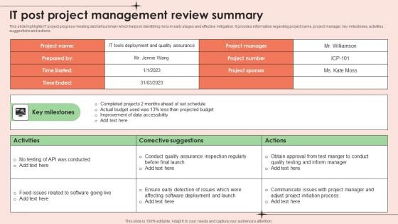 IT Post Project Management Review Summary Clipart PDF