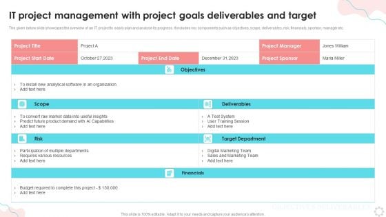 IT Project Management With Project Goals Deliverables And Target Ppt PowerPoint Presentation Show Deck PDF