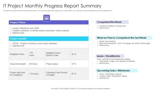 IT Project Monthly Progress Report Summary Ppt Show Slide Portrait PDF