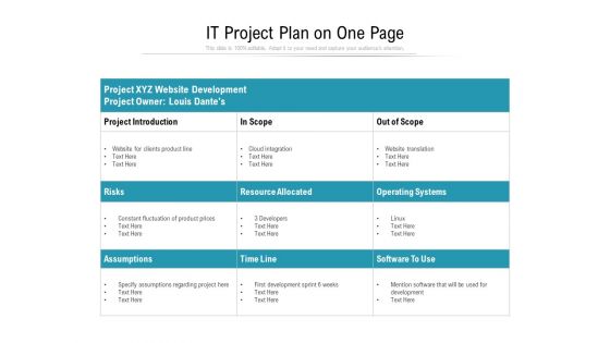 IT Project Plan On One Page Ppt PowerPoint Presentation File Outline PDF