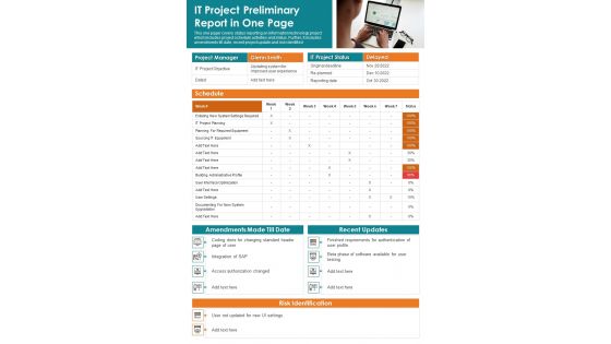 IT Project Preliminary Report In One Page PDF Document PPT Template