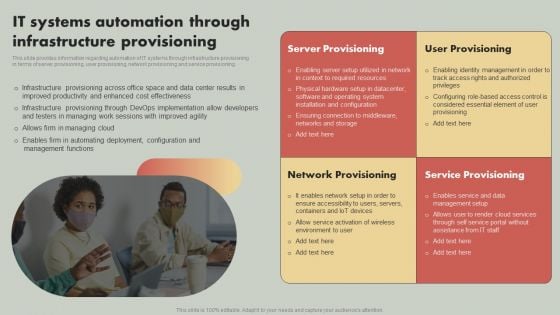 IT Reducing Costs And Management Tips IT Systems Automation Through Infrastructure Provisioning Icons PDF