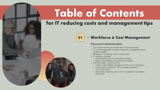 IT Reducing Costs And Management Tips Table Of Contents Clipart PDF