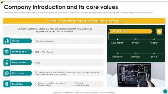 IT Services And Consulting Company Profile Company Introduction And Its Core Values Elements PDF