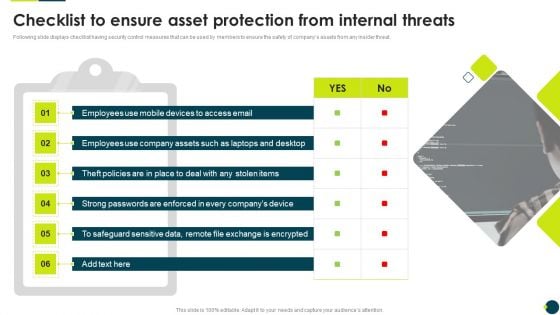 IT Threats Response Playbook Checklist To Ensure Asset Protection From Internal Threats Information PDF