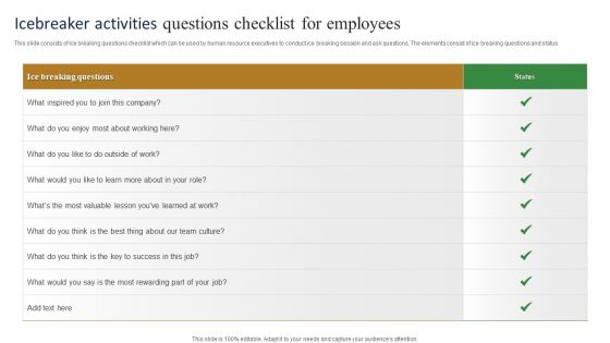 Icebreaker Activities Questions Checklist For Employees Guidelines PDF