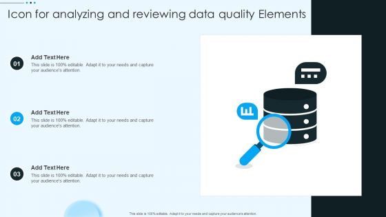 Icon For Analyzing And Reviewing Data Quality Elements Slides PDF