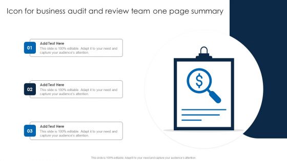 Icon For Business Audit And Review Team One Page Summary Sample PDF