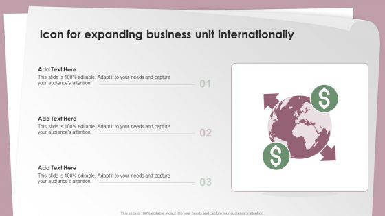 Icon For Expanding Business Unit Internationally Ppt Professional Guidelines PDF