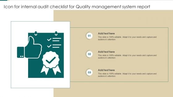 Icon For Internal Audit Checklist For Quality Management System Report Slides PDF