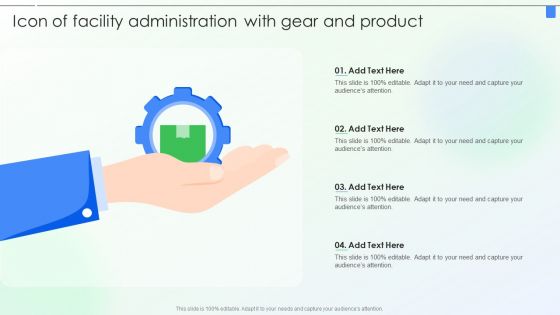 Icon Of Facility Administration With Gear And Product Ppt PowerPoint Presentation Styles Graphics Example PDF