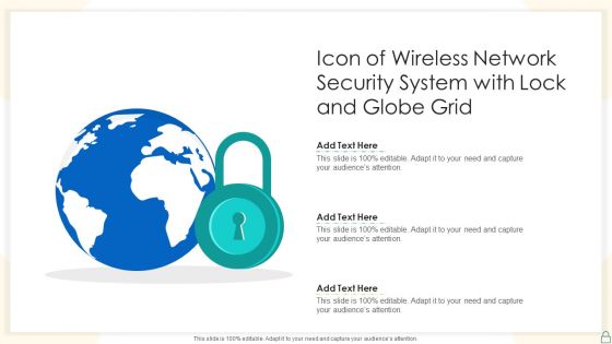 Icon Of Wireless Network Security System With Lock And Globe Grid Demonstration PDF