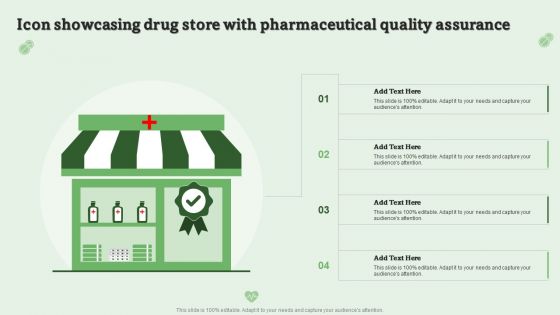 Icon Showcasing Drug Store With Pharmaceutical Quality Assurance Ppt PowerPoint Presentation Ideas PDF